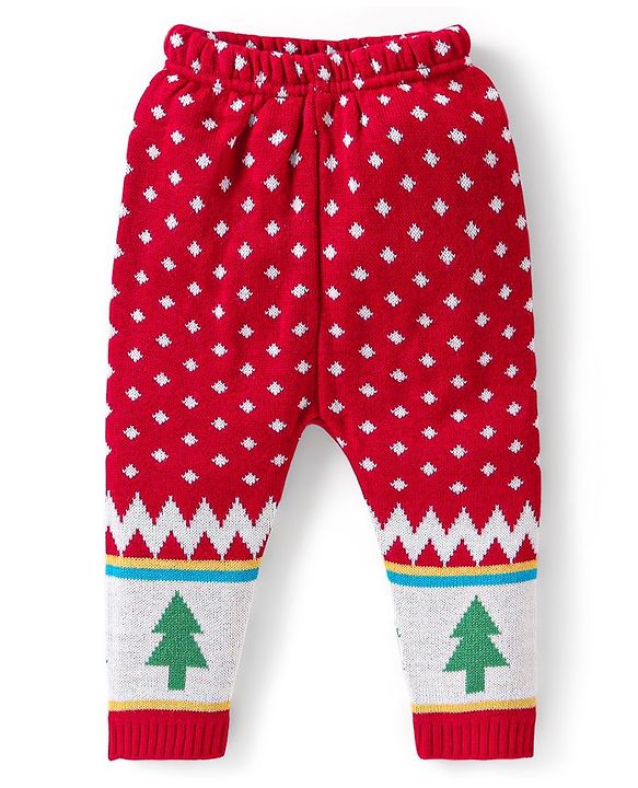 Babyhug Knitted Full Sleeves Baby Sweater Set with Tree Design - Red