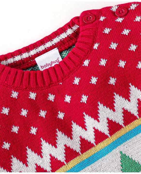 Babyhug Knitted Full Sleeves Baby Sweater Set with Tree Design - Red