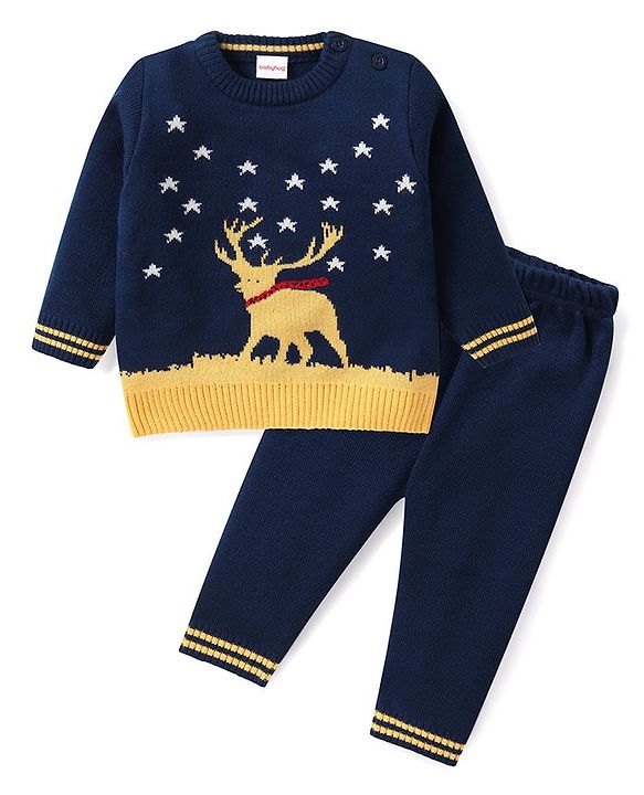 Babyhug Knitted Full Sleeves Baby Sweater Set with Deer Design - Navy Blue