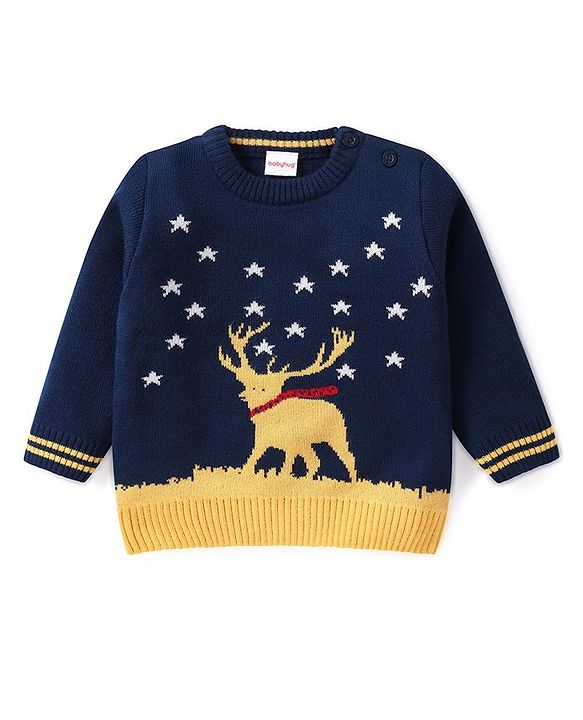 Babyhug Knitted Full Sleeves Baby Sweater Set with Deer Design - Navy Blue