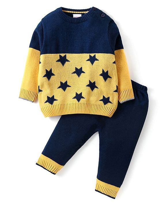 Babyhug Knitted Full Sleeves Pullover Sweater & Pant Set with Star Design - Navy Blue & Yellow