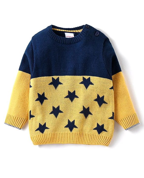 Babyhug Knitted Full Sleeves Pullover Sweater & Pant Set with Star Design - Navy Blue & Yellow