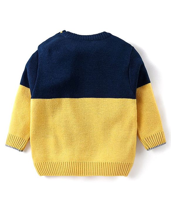 Babyhug Knitted Full Sleeves Pullover Sweater & Pant Set with Star Design - Navy Blue & Yellow