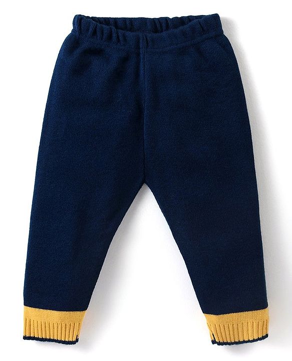 Babyhug Knitted Full Sleeves Pullover Sweater & Pant Set with Star Design - Navy Blue & Yellow
