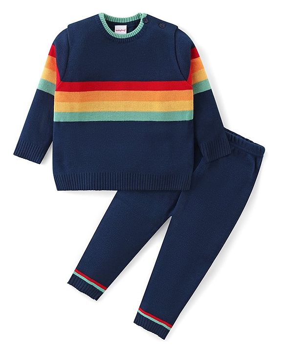 Babyhug Knitted Full Sleeves Striped Baby Sweater Set - Navy Blue