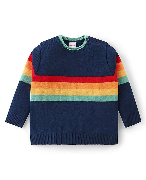 Babyhug Knitted Full Sleeves Striped Baby Sweater Set - Navy Blue