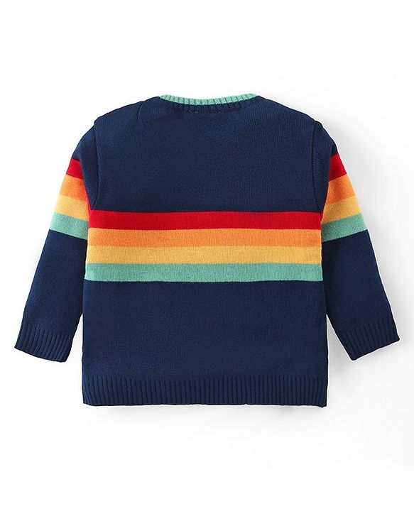 Babyhug Knitted Full Sleeves Striped Baby Sweater Set - Navy Blue