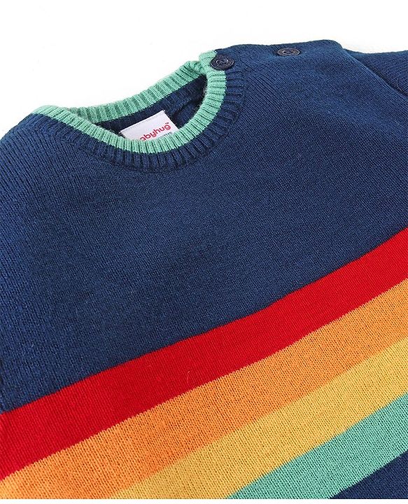 Babyhug Knitted Full Sleeves Striped Baby Sweater Set - Navy Blue