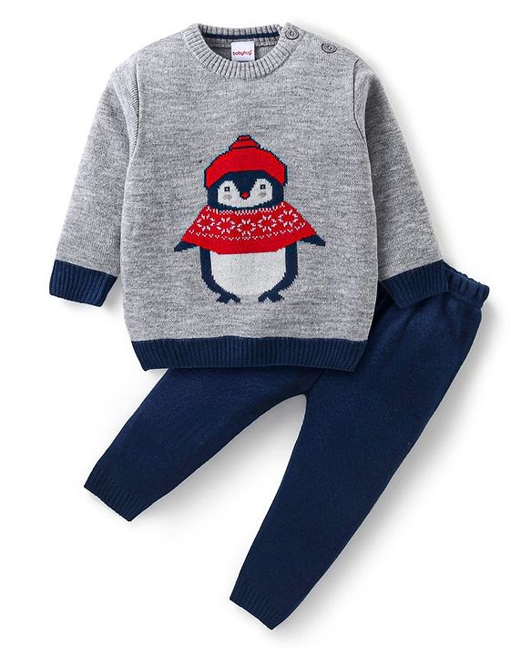Babyhug Knit Full Sleeves Sweater & Pant Set Penguin Design - Navy Blue & Grey