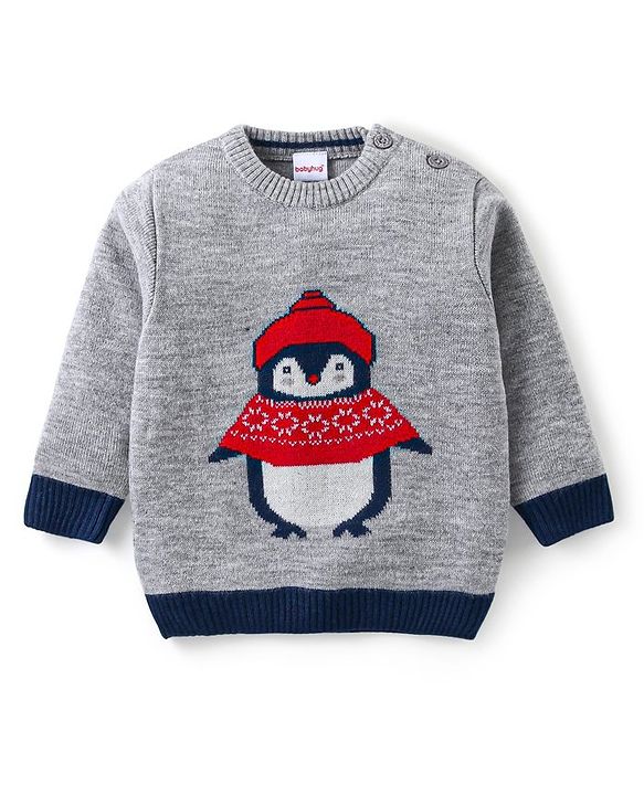 Babyhug Knit Full Sleeves Sweater & Pant Set Penguin Design - Navy Blue & Grey