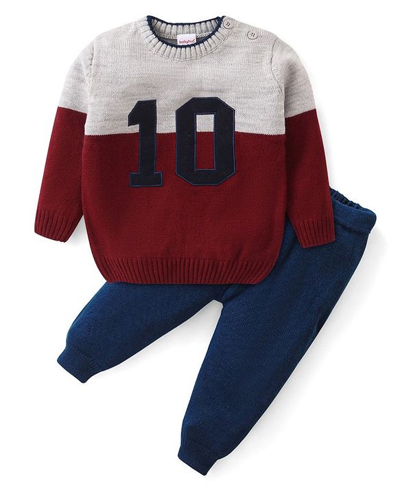 Babyhug Knit Full Sleeves Sweater Set with Colour Block Design & Number Embroidery - Grey & Red