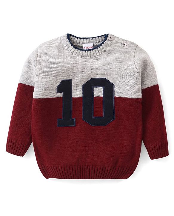Babyhug Knit Full Sleeves Sweater Set with Colour Block Design & Number Embroidery - Grey & Red