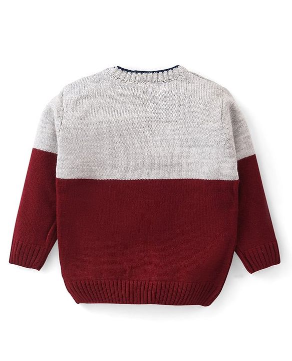 Babyhug Knit Full Sleeves Sweater Set with Colour Block Design & Number Embroidery - Grey & Red