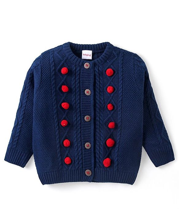 Babyhug Knitted Full Sleeves Front Open Sweater with Cable Knit Design & Pom Pom Detailing - Navy Blue