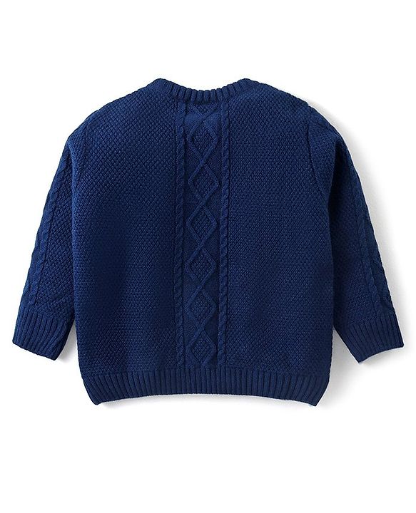 Babyhug Knitted Full Sleeves Front Open Sweater with Cable Knit Design & Pom Pom Detailing - Navy Blue
