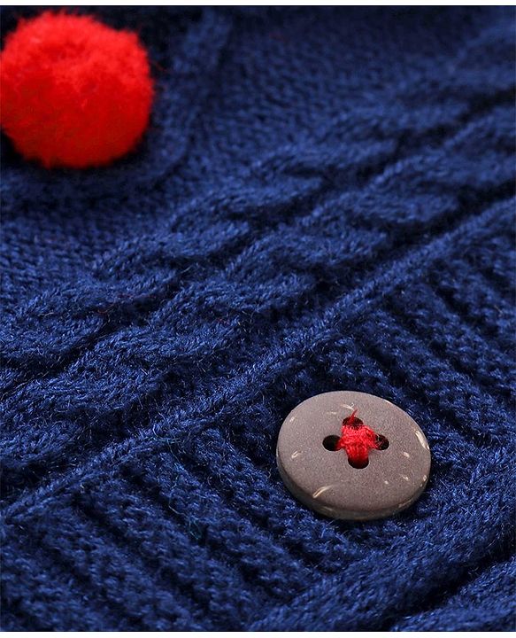 Babyhug Knitted Full Sleeves Front Open Sweater with Cable Knit Design & Pom Pom Detailing - Navy Blue