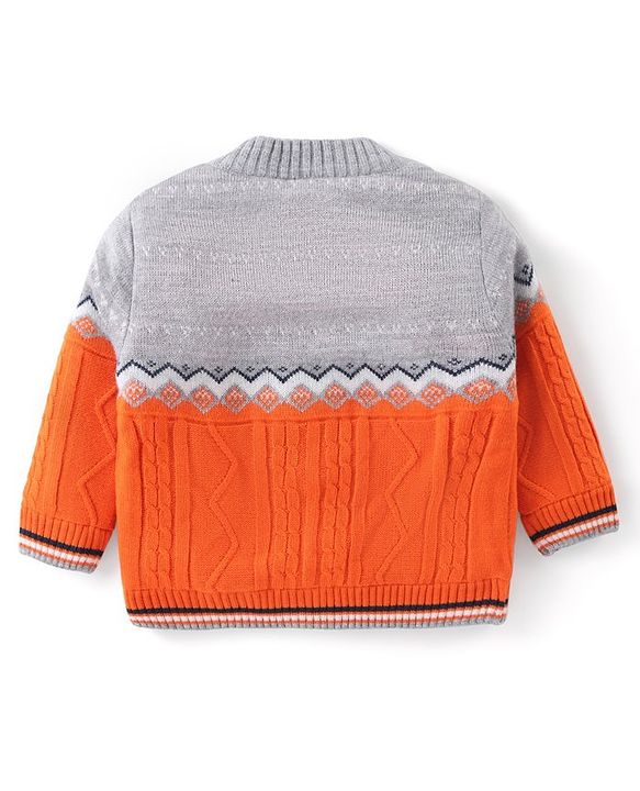 Babyhug Knitted Full Sleeves Front Open Sweater with Cable Knit Design- Grey & Orange