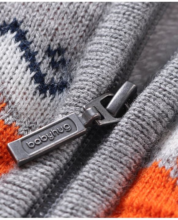 Babyhug Knitted Full Sleeves Front Open Sweater with Cable Knit Design- Grey & Orange