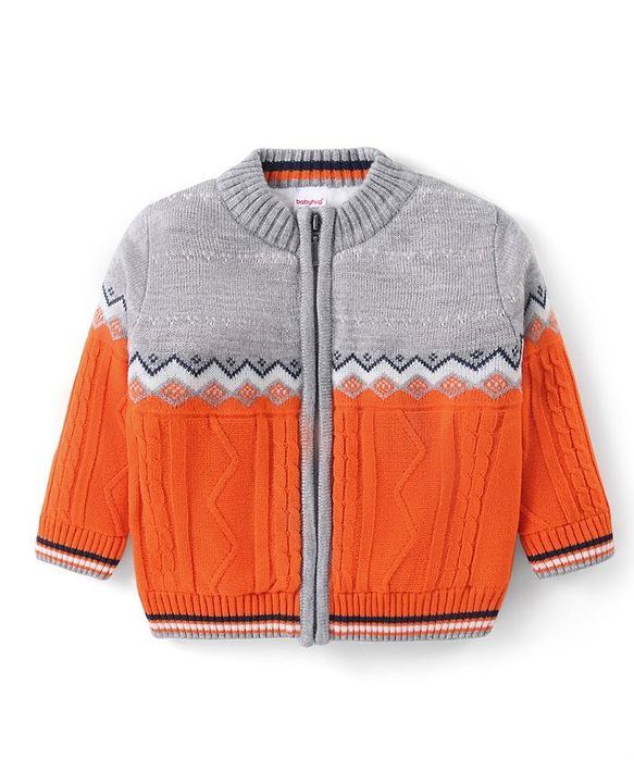 Babyhug Knitted Full Sleeves Front Open Sweater with Cable Knit Design- Grey & Orange