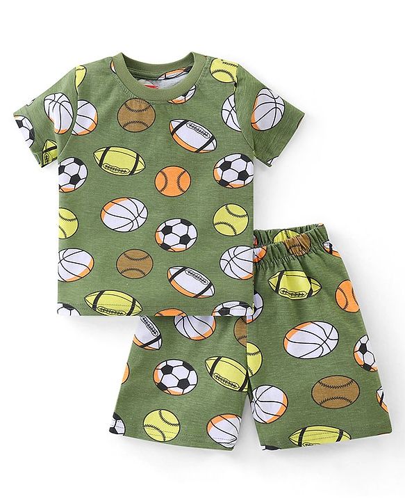 Babyhug Cotton Knit Half Sleeves Night Suit  With Football Print - Green