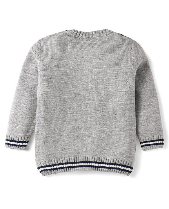 Babyhug Knitted Full Sleeves Pullover Sweater with Argyle Design & Bow Applique - Grey