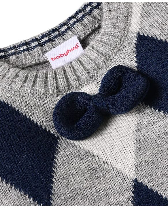 Babyhug Knitted Full Sleeves Pullover Sweater with Argyle Design & Bow Applique - Grey