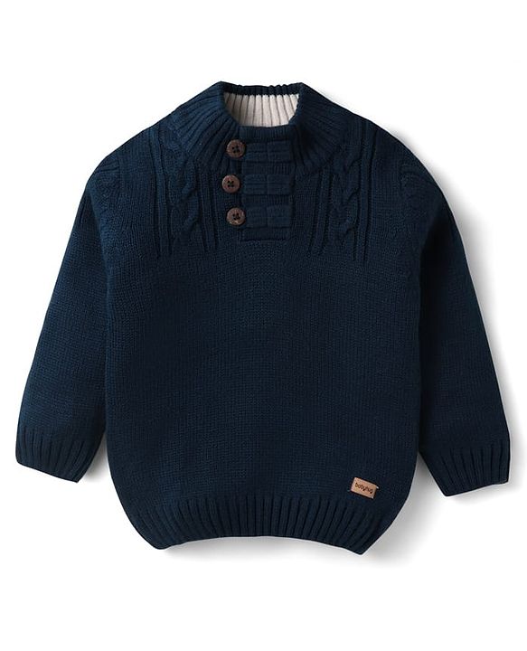 Babyhug Knitted Full Sleeves Pullover Solid Color Sweater - Navy Blue