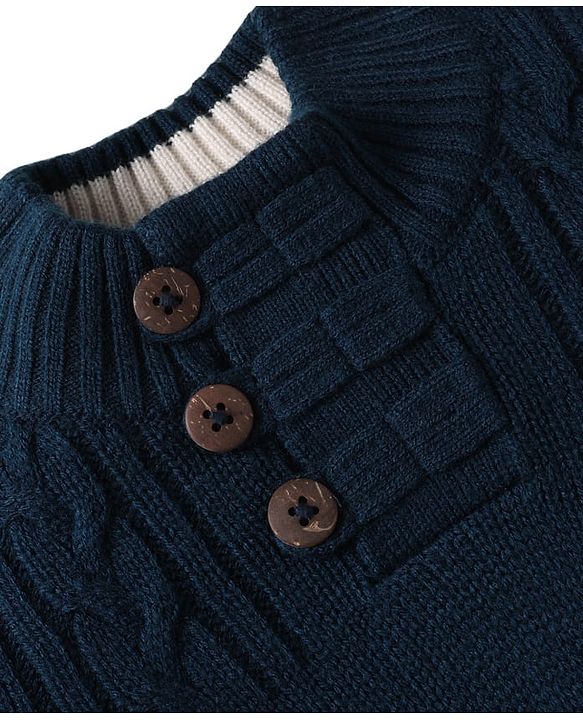 Babyhug Knitted Full Sleeves Pullover Solid Color Sweater - Navy Blue