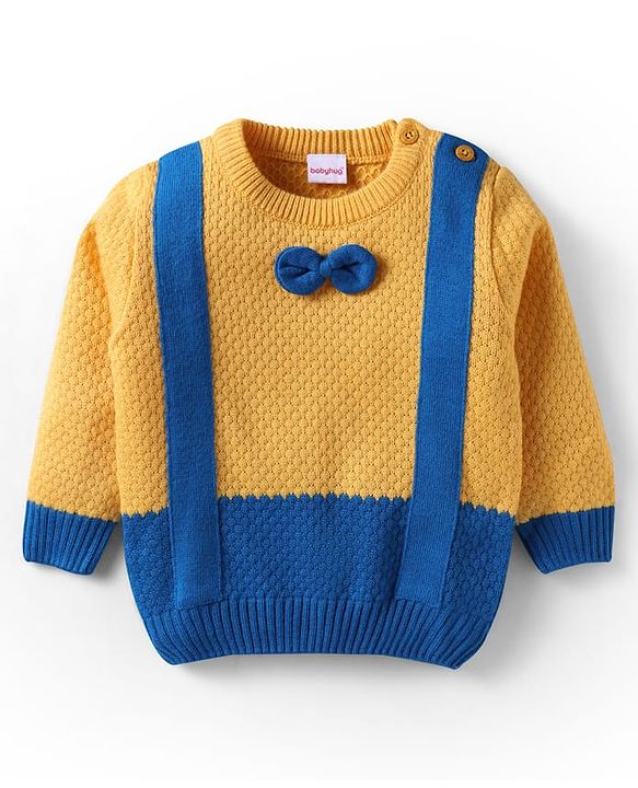 Babyhug Knit Full Sleeves Pullover Sweater With Bow Applique - Yellow
