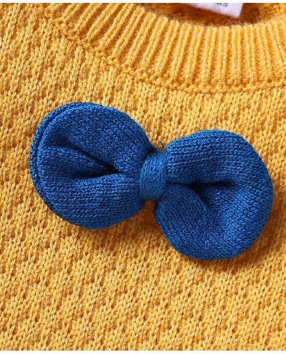 Babyhug Knit Full Sleeves Pullover Sweater With Bow Applique - Yellow