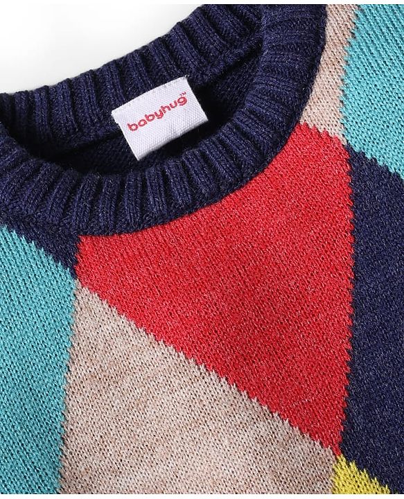 Babyhug Knitted Full Sleeves Pullover Sweater With Argyle Design - Navy Blue