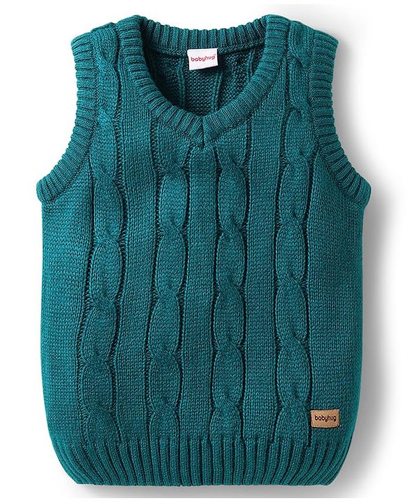 Babyhug Knitted Sleeveless Pullover Sweater Vest with Cable Knit Design - Teal Blue