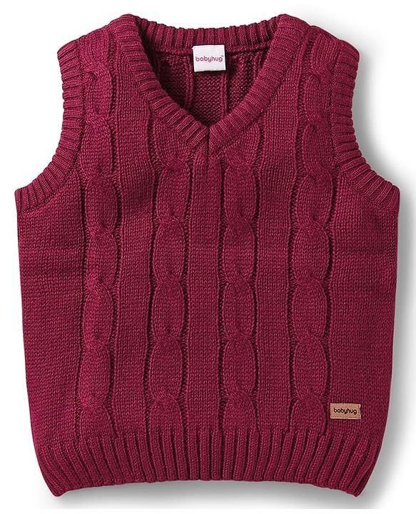 Babyhug Knitted Sleeveless Pullover Sweater Vest with Cable Knit Design - Wine