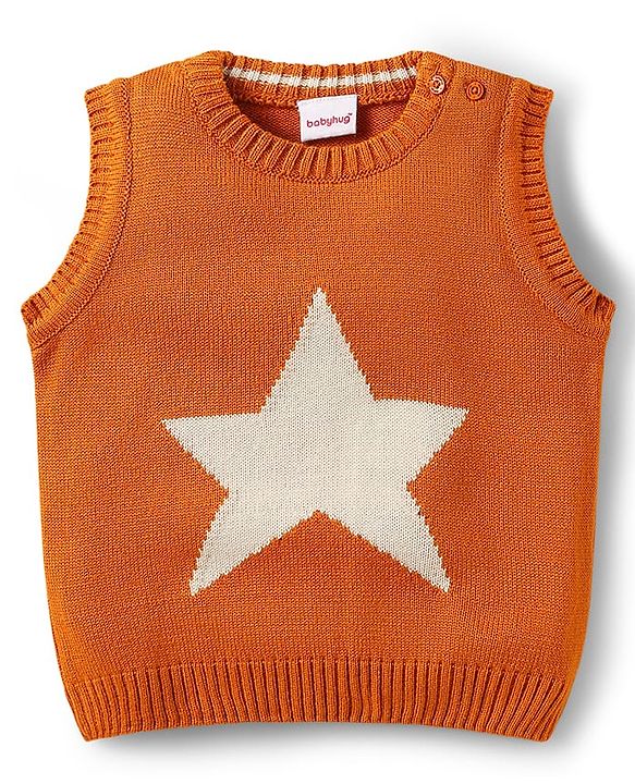 Babyhug Knitted Sleeveless Pullover Sweater Vest with Star Design - Orange