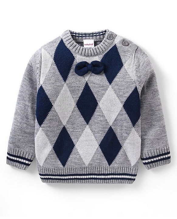 Babyhug Knit Full Sleeves Pullover Sweater Argyle Design - Grey