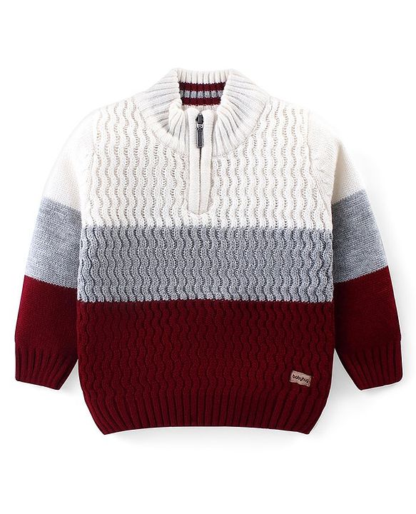 Babyhug Knitted Full Sleeves Color Block Pullovers Sweater - Maroon & White