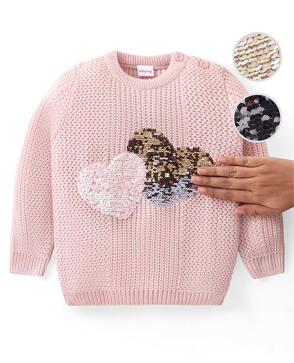 Babyhug Knitted Full Sleeves Pullover Sweater with  Reversible Sequined Heart - Pink