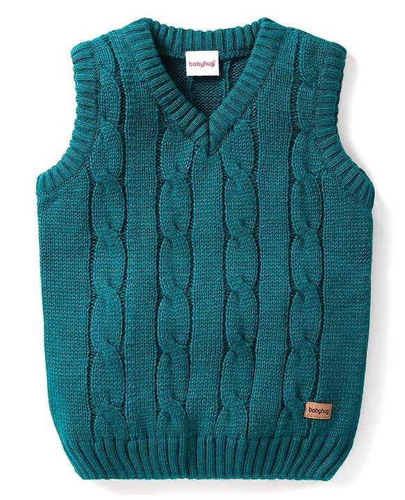 Babyhug Knitted Sleeveless Pullover Sweater with Cable Knit Design - Teal Blue