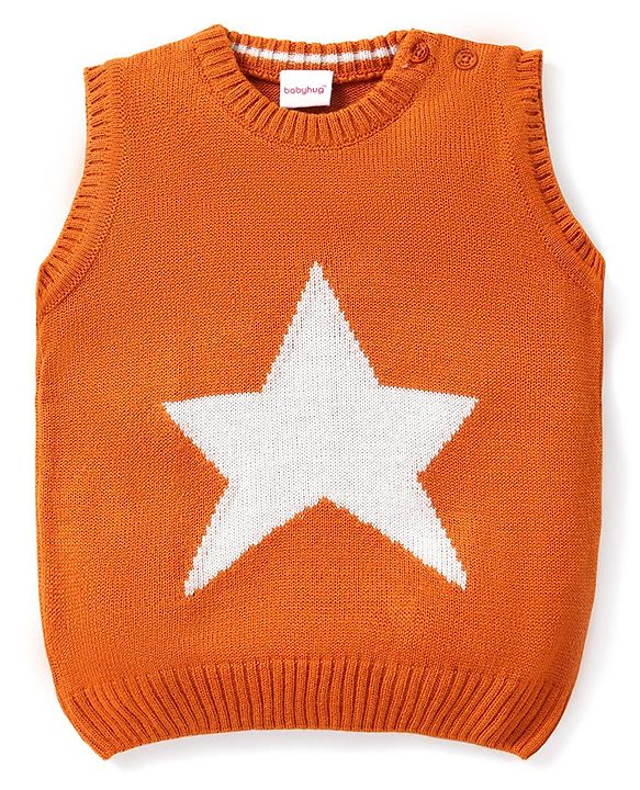 Babyhug Kitted Sleeveless Pullover Sweater with Star Design - Orange
