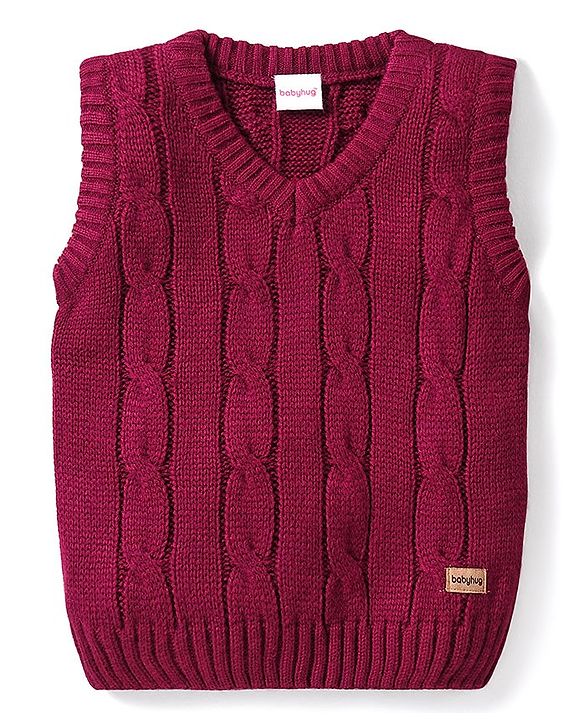 Babyhug Knit Sleeveless Cable Knit Design Sweater - Wine