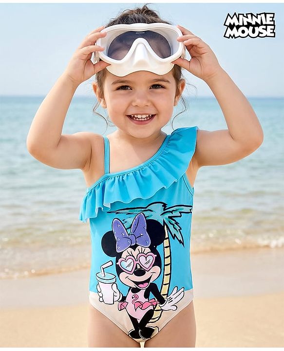 Babyhug Disney One Shoulder Sleeve V Cut  Swimsuit with Minnie Mouse Print - Blue