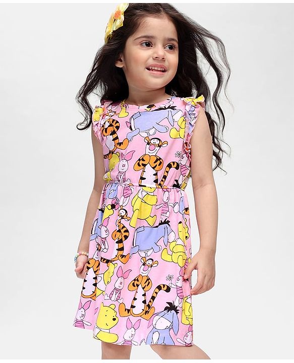 Babyhug Disney Cotton Jersey Frill Sleeves Frock With Winnie the Pooh All Over Print - Multicolor