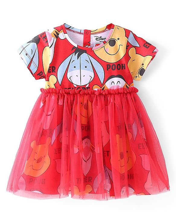 Babyhug Disney 100% Cotton Knit Frock Half Sleeves Frock with Bloomer Winnie The Pooh Print-Red