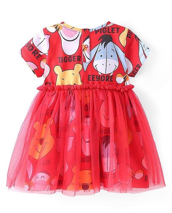 Babyhug Disney 100% Cotton Knit Frock Half Sleeves Frock with Bloomer Winnie The Pooh Print-Red