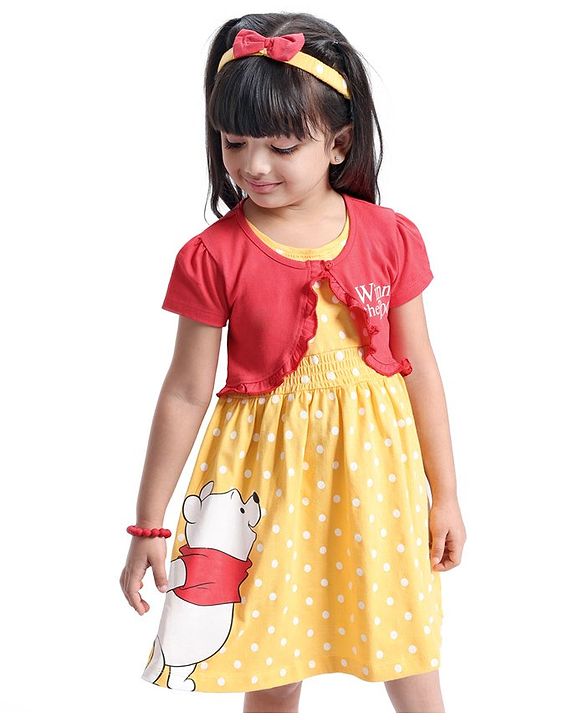 Babyhug Disney Cotton Knit Winnie The Pooh Graphics Frock with Half Sleeves Shrug & Headband - Red & Yellow