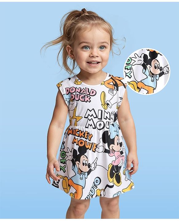 Babyhug Disney Cotton Half Sleeves Frocks With Mickey Mouse & Friends Print - White