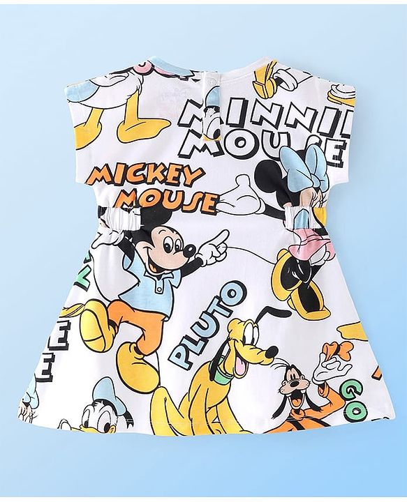 Babyhug Disney Cotton Half Sleeves Frocks With Mickey Mouse & Friends Print - White