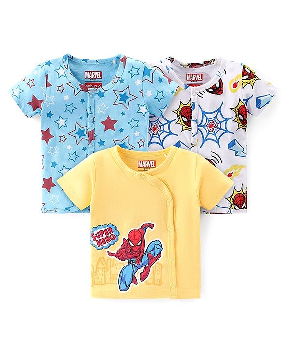 Babyhug Marvel 100% Cotton Knit Half Sleeves Jhablas with Spiderman Graphics Pack of 3 - Yellow Blue & White