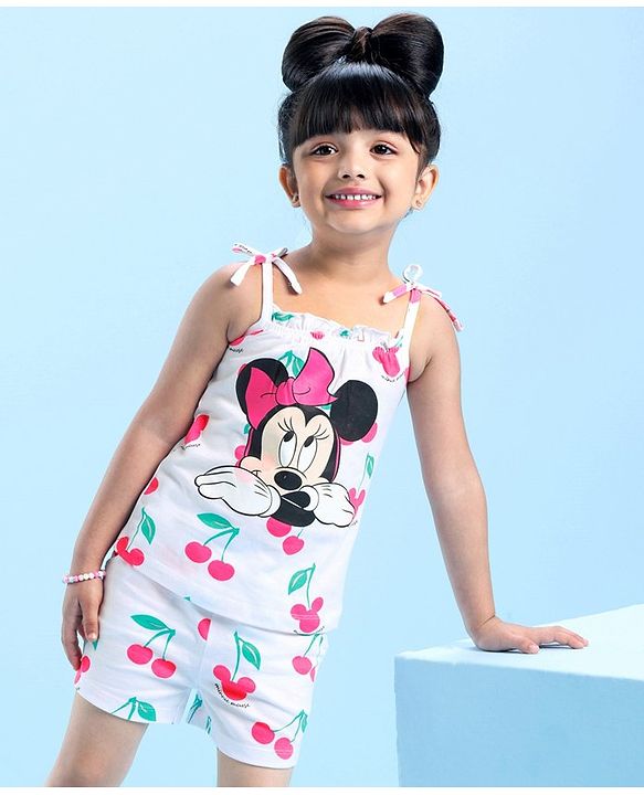 Babyhug Disney Single Jersey Knit Sleeveless Night Suit Minnie Mouse and Cherry Print - White