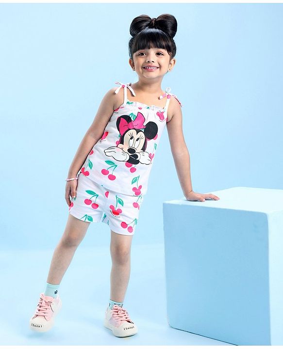 Babyhug Disney Single Jersey Knit Sleeveless Night Suit Minnie Mouse and Cherry Print - White